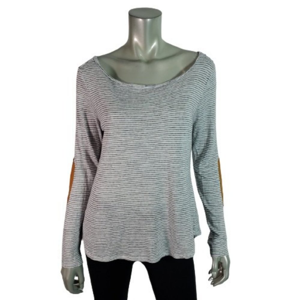 Sundance Top Size M 100% Linen Elbow Patches Stretch Striped Pullover Multicolor
